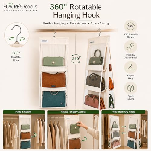 Image of FUTURE'S ROOTS Cotton Purse Organizer for Wardrobe with 6 Transparent Mesh Pockets | Hanging Handbag Storage Holder with 360 Rotating Hanger & Label Slip Pocket, Washable Closet Organizer(Set of 1)