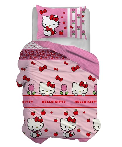 hermet Hello Kitty Bettwäsche-Set für Einzelbett, Bettbezug + Kissenbezug, Bettbezug mit Kissenbezug, Bettbezug 155 x 200 cm, 100% Baumwolle, (enthält kein Spannbettlaken)