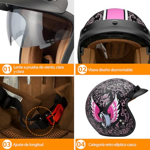 Miniatura 4 de Casco Moto Jet Casco De Moto Vintage Casco Open Face Scooter Ciclomotore Con Doble Visera Homologado Ece Wind Fire Wheel-S