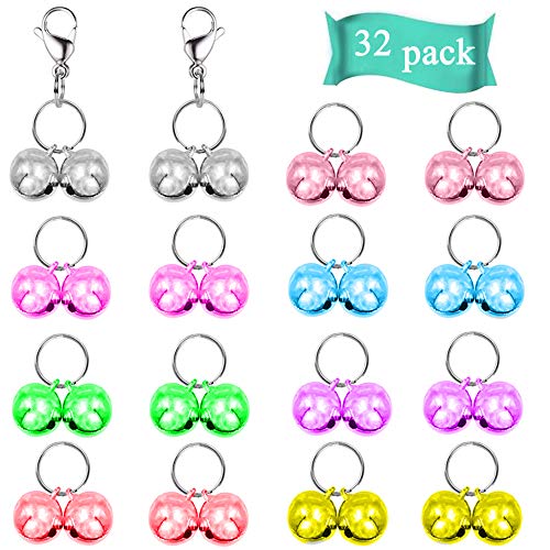 IVIA PET Cat Collar Bells, 32 Pack Dog Collar Charm Bells with 16 Pcs Rings, 2 Pack Stainless Steel Dog Tag Clips for Pet Training Pendant Necklace Collar Accessories