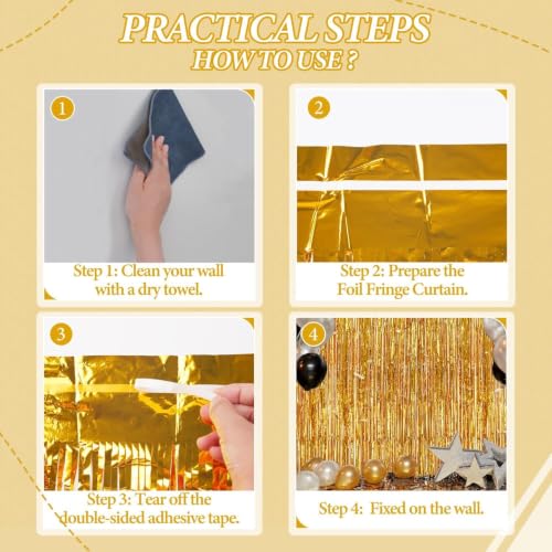 Image of DECOCKRAT 3 Pack Foil Fringe Backdrop - Gold Shiny Tinsel Curtains for Party Decoration /Photo Booth Props - 3.3x8.2 FT Metallic Foil Backdrop for Birthday, Wedding, Graduation, Christmas.