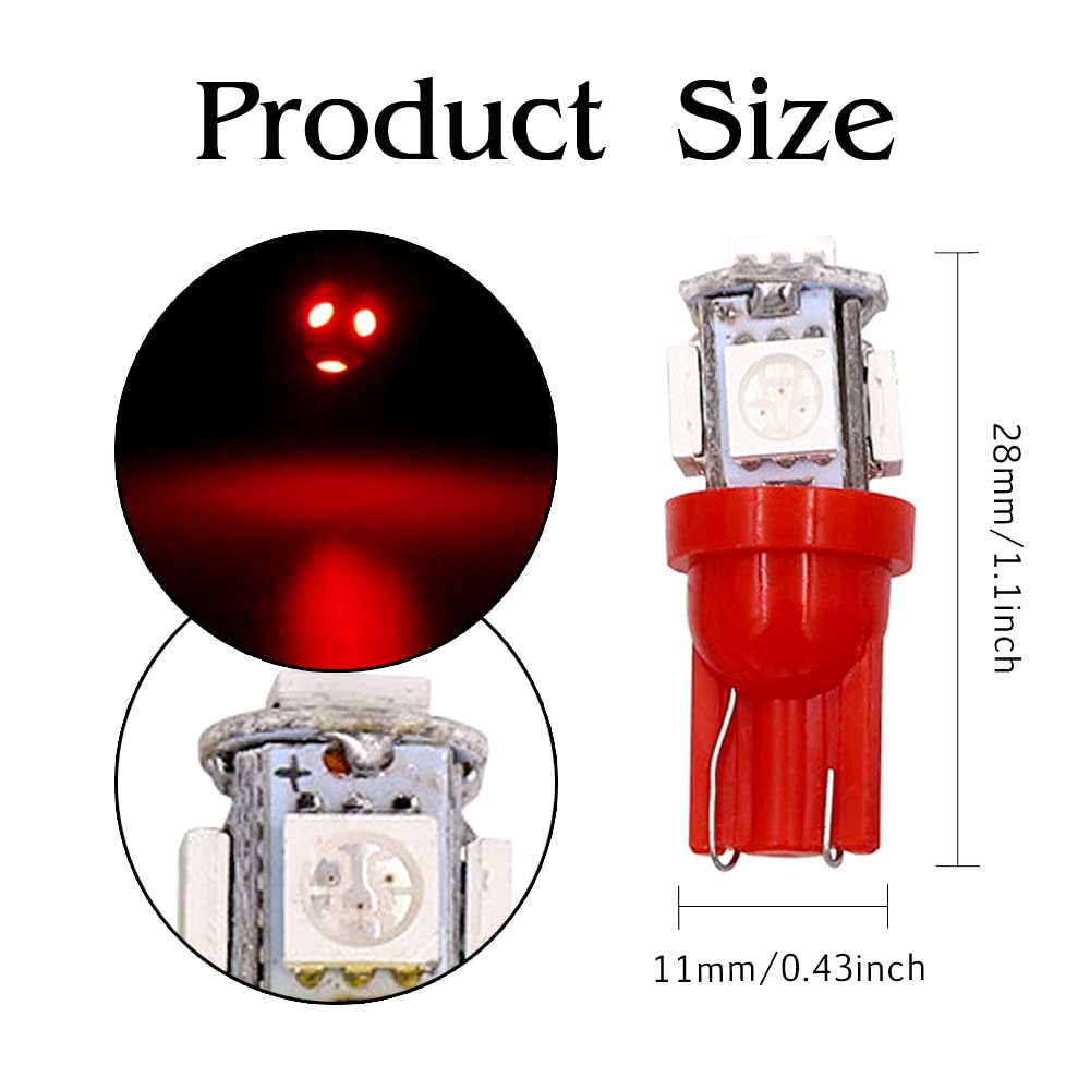 OtpOutopa 194 LED Bulb Super Bright T10 LED Bulb 5SMD 5050 Chips, 194 158 168 W5W 2825 921 501 LED Lights for Car Dome Map Trunk Light Clearance Dashboard Bulb License Plate Light Lamp (Red,10PCS)