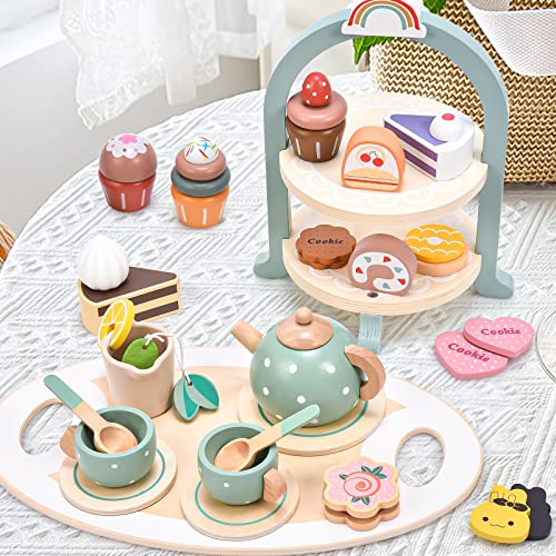 Set da Tè Giocattolo Legno per Bambini con Dessert Biscotto Giocattolo Accessori da cucina in legno Servizio da Te Giochi di Legno Giochi D'imitazione Regalo per Bambina Bambini 3 4 5 6 Anni (Verde)