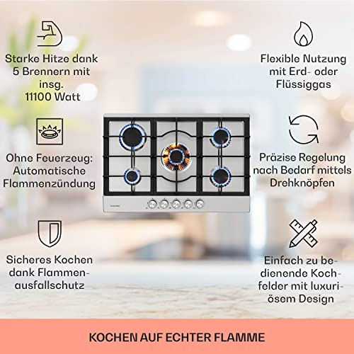 Gaskochfeld Klarstein 5 Flammen Einbau-Gaskocher für Zuhause und Wohnmobil