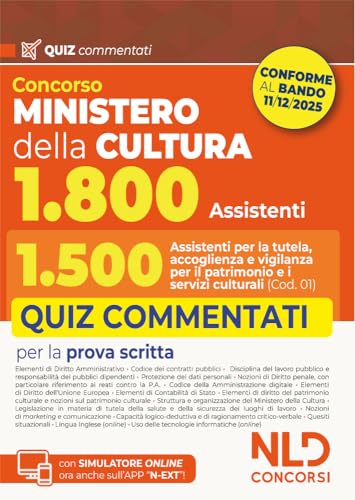 Concorso Ministero della Cultura 1800 posti. Profilo 1.500 assistenti per la tutela, accoglienza e vigilanza per il patrimonio e i servizi culturali (Cod. 01). Quiz commentati per la prova scritta...