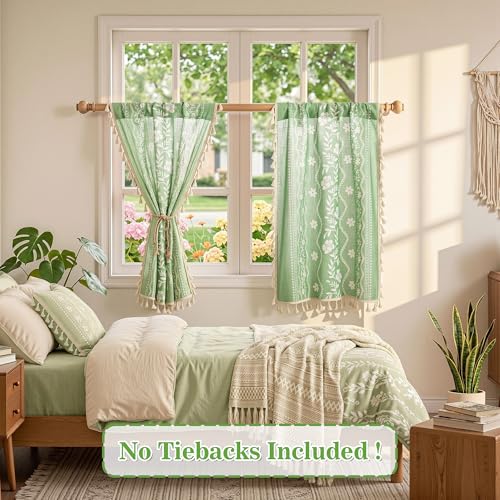 Image of MYSKY HOME Sage Green Boho Floral Tiers Curtains 24 Inch Long 2 Panels