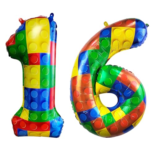 Image of 32 Inch Building Block Number 16 Balloons birthday Block Themed Large Big Helium Foil Mylar Balloon for Girls Boys Birthday Party Decoration Supplies
