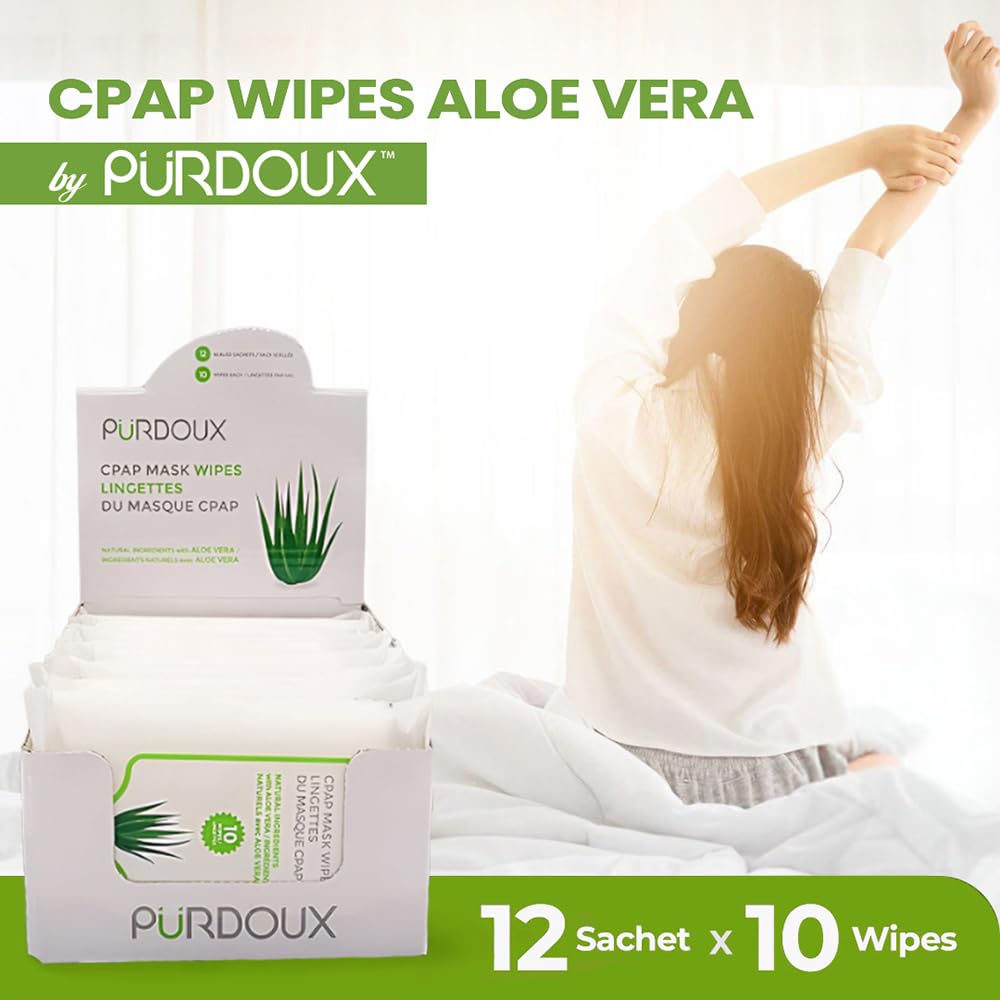 PÜRDOUX CPAP Maske Wipes, Aloe Vera (Box von insgesamt 120 Feuchttüchern in 12 wiederverschließbaren Beuteln, 10 Wischtücher pro Beutel)