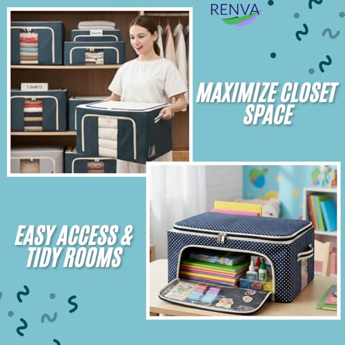 Image of RENVA 2 PCS polycotton Clothes Storage Organizer Bins, Foldable Storage Bins-Cloth Steel Frame Storage Box with Foldable Clear Window & Reinforced Handles (Blue, 66L-2)