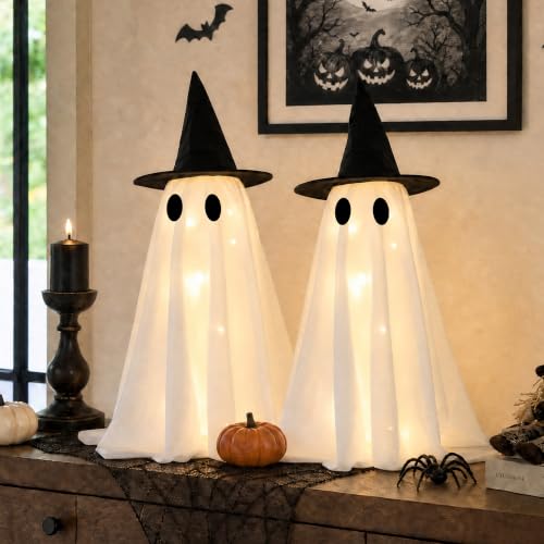 Halloween Decorations-Set of 2 Light-Up Ghosts with Witch Hats, Ghost Table Centerpiece-Spooky Tabletop Decor for Mantel Dining Table Party Indoor Home Decor — view 3