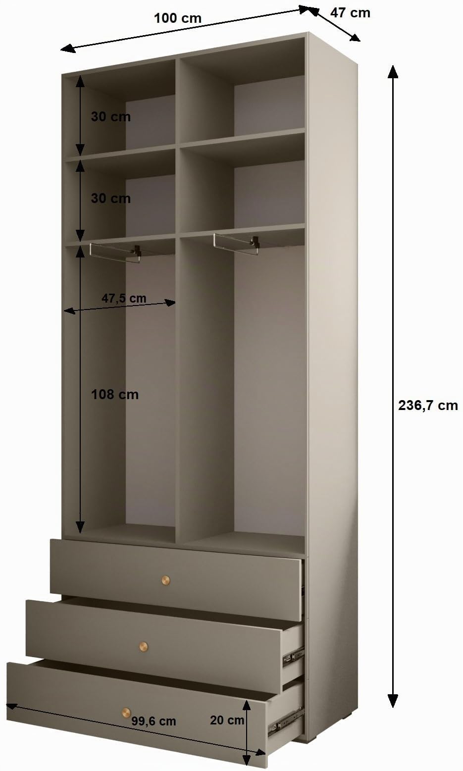 MEBLE KRYSPOL Inova 1 Möbelset - Moderne Garderobe - für Schlafzimmer, Wohnzimmer, Flur, Kinderzimmer - Ankleidemöbel - 236,7x200x47cm - Kaschmir, Handgriff Gold