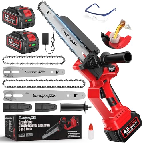 SundpeyPRO Mini Motosierra Bateria 8 y 6 Pulgadas, 8000mAh Sierra Electrica Pequeña Sin Escobillas con Lubricador Automático, Ajuste Sin Herramientas, 1180W Minimotosierras Inalámbrica de Mano, Jardin