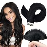 TESS Invisible Tape in Hair Extensions Real Human Hair 20PCS Hair Loss Cover or Highlights Reusable Glue Tape Hair Pieces for Women UK #1B Natural Black 18 Inch 50g