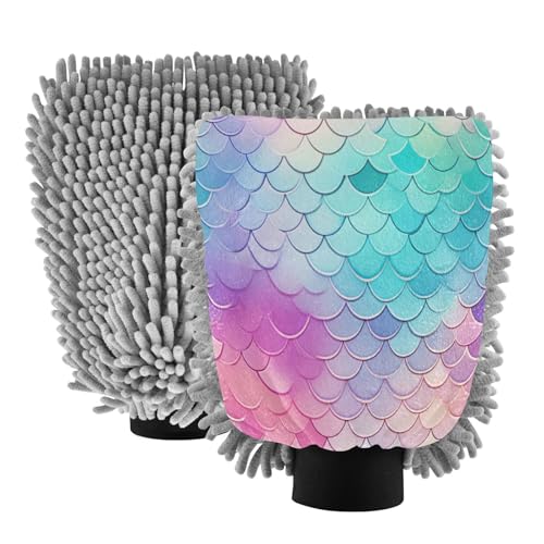 ALAZA Mermaid Print Car Wash Mitt Scratch Free, 2 Pack Absorbent Microfiber/Chenille Washing & Drying Mitts, L