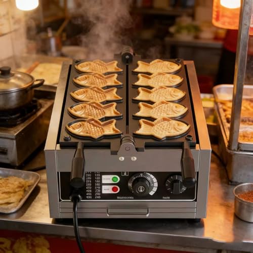 Máquina for hacer gofres Taiyaki, acero inoxidable, 3000 W, con 6 ranuras for moldes en forma de pez, ajustable a 50-300 ℃, tienda de refrigerios, puesto de comida