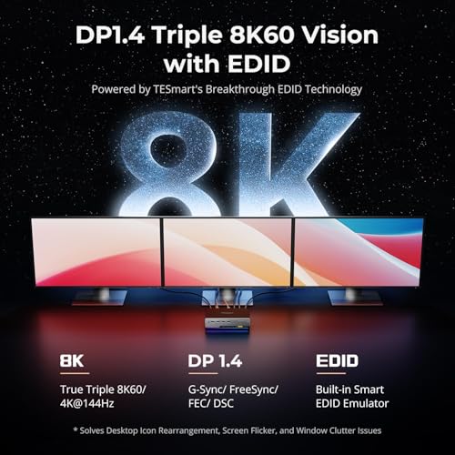 Image of TESmart DP KVM Switch 3 Monitors 2 Computers 8K@60Hz,USB 3.0 KVM Switch Triple Monitor 2 Computers DisplayPort 1.4, EDID, 1G Ethernet, Hotkey Switch, 4K@144Hz for Gaming&Home Office