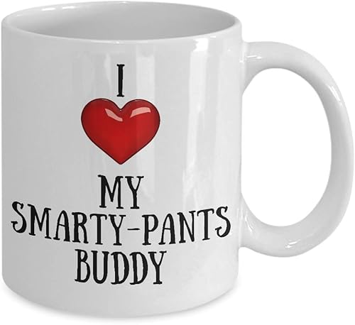 Miniatura 2 de Taza de café con texto en inglés "I Love My Smarty-Pants Buddy", diseño de corazón