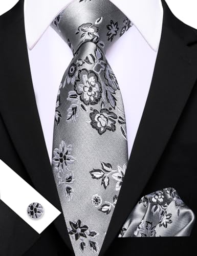 Image of Barry.Wang Flower Ties for Men Handkerchief Cufflinks Set Wedding Necktie Set Party