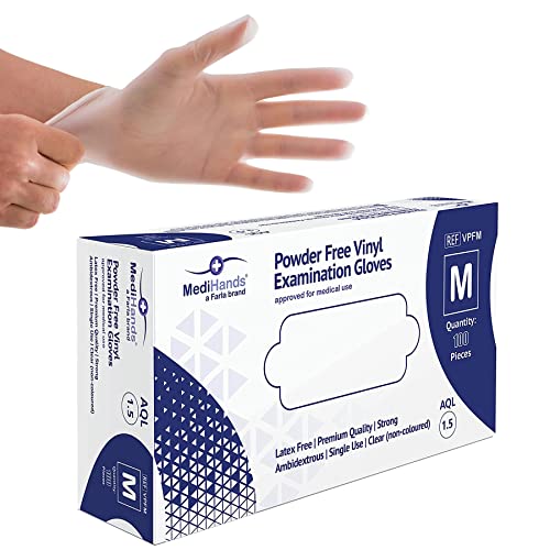 MediHands Vinyl Clear Medium Gloves, Disposable Surgical Gloves, Box of 100, Powder Free, Latex Free, Protein Free, Medical, Food, Multi-Use