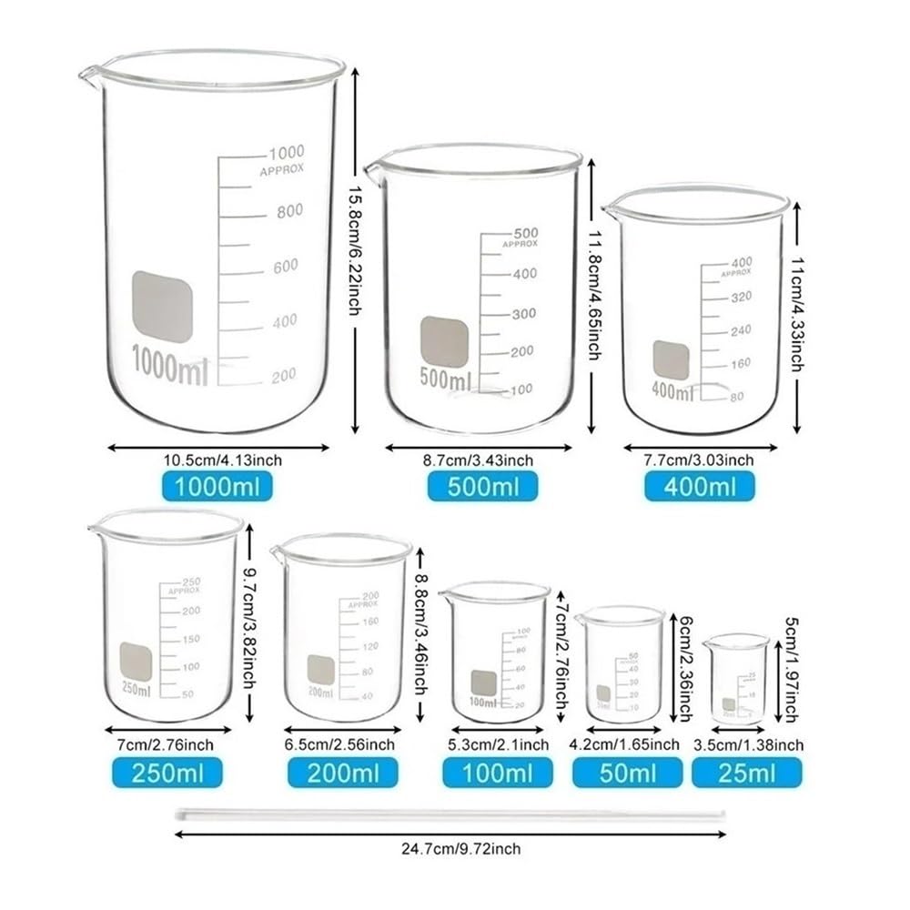 Set 8 Becher Vetro Graduati Forma Bassa 25/50/100/1000Ml Parete Spessa | 200ml, 250ml, 400ml, 500ml Tipi di becher, con bacchette agitanti