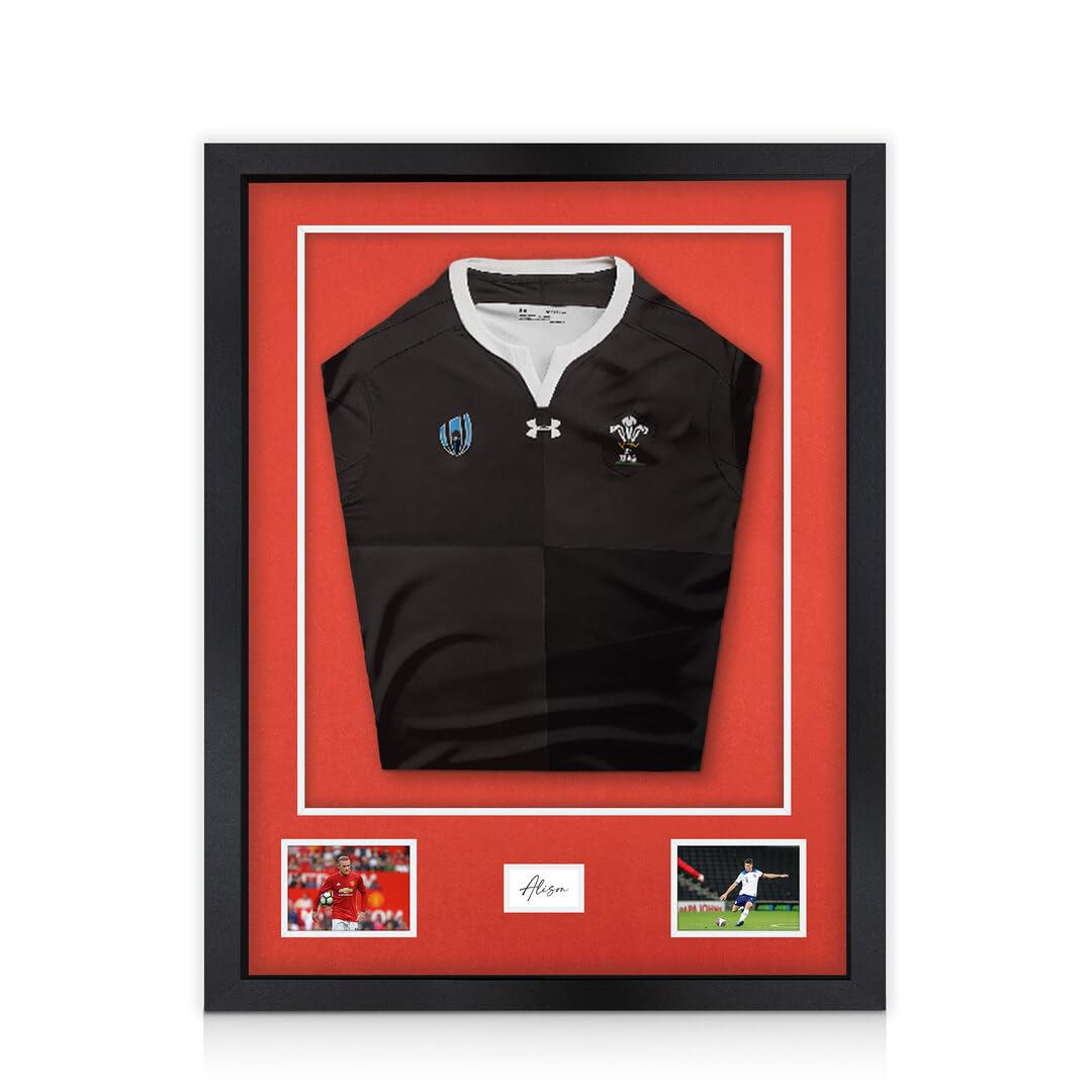 Alison Kingsgate 77.5×58.5CM Football Shirt Frame-3D Deep Box Sports, Photo Display with Poppy Red Mount 42.5×49CM Shirt Window, Two 3.5×5” Photos & 4.5×7.5CM Name Plate-DIY Kit-Matte Black