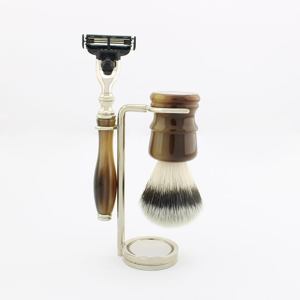 Neu Horn Luxus Collection - Prämie,Nass Rasierset - 3-teiliges & Gebrauchsfertig - Synthetisch Silbern Spitze Dachs & Triple Edge Rasierer > mit einem Vorinstalliert Kartusche - 3-klingen