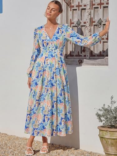 Image of Maxigerui Women's Long Sleeve Floral Maxi Dress 2026 Spring Summer Wedding Guest Dress Blue Doodle Floral Print Dress XL