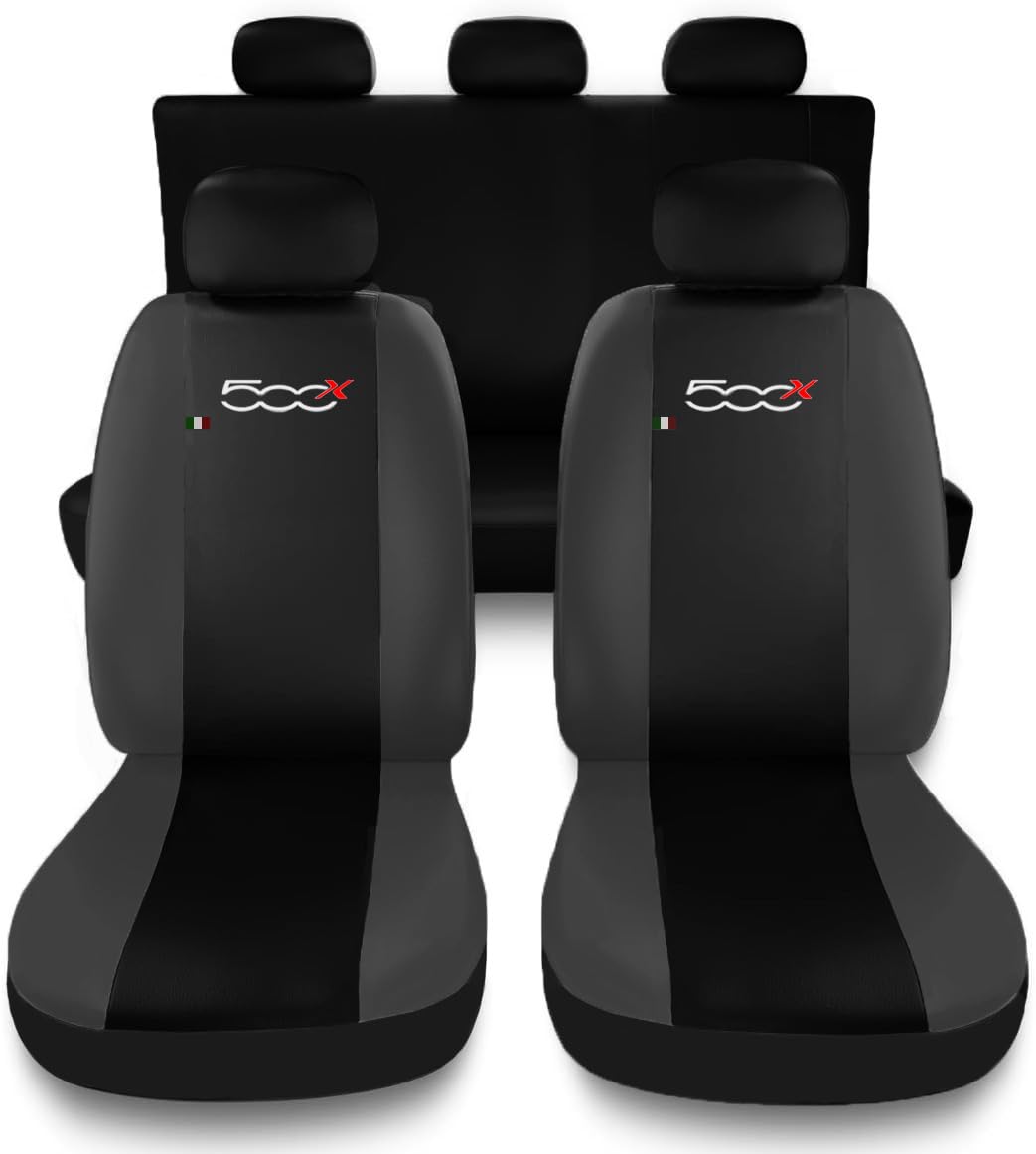 Susy Shop Coprisedili Auto Compatibili Per 500X Set Coprisedile Anteriori e Posteriori Con Logo Ricamato Compatibile Con Airbag (Nero/Grigio Scuro)