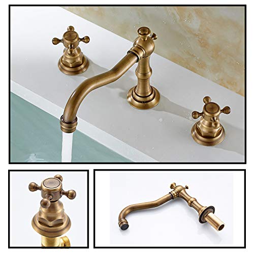Beelee Deck Mounted Three Holes Double Handles Widespread Bathroom Sink Faucet, Antique Brass Finished