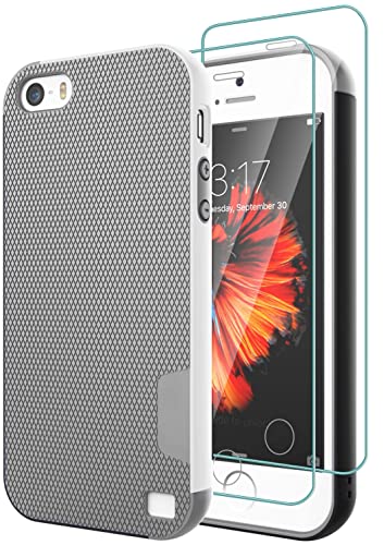 Case for iPhone SE (1st gen - 2016), Case for iPhone 5S with 2 Pack Tempered Glass Screen Protector, Contrasting Colors Ultra Slim One-Piece Anti-Slip Rugged Soft TPU Bumper Shockproof Case - Gray