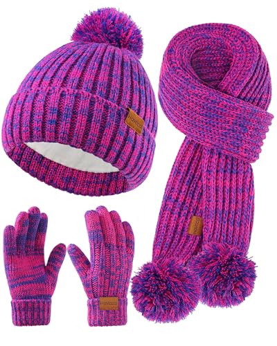 Image of Kids Winter Hat Scarf Gloves Set - Girls Boys Fleece Lined Beanie Hat with Pom Knit Scarf Warm Mittens for Children
