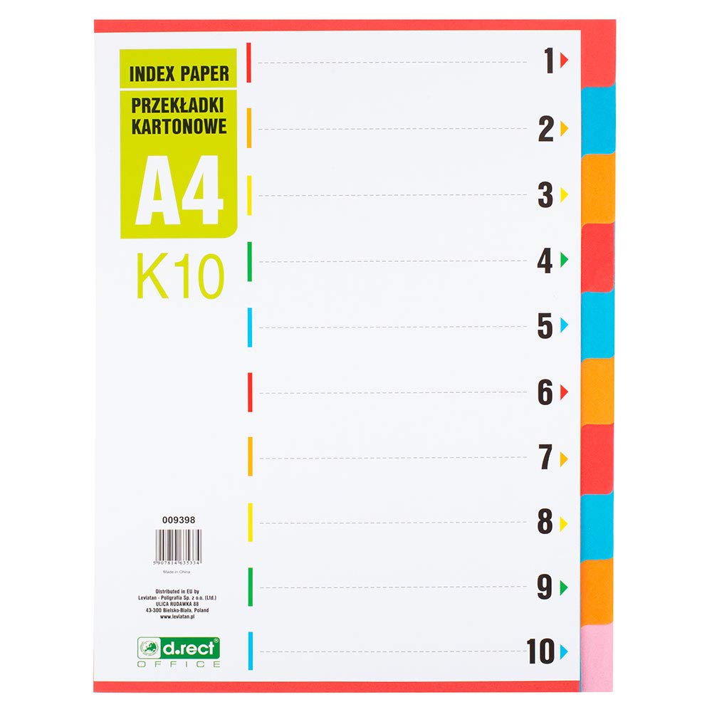 D.RECT K10 Index Dividers Cardboard Index Dividers for Folders DIN - A4 Dividers 10 Pieces Made of Cardboard 1-10 9398