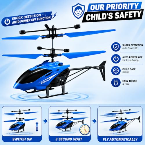 Image of KIDZYMON Dual Operating Gravity Sensor Flying Helicopter Toy for Kids, Rechargeable Battery, Up & Down Flight, 3D LED Lights, Safety Sensor, Hand & Remote-Controlled, Age 4+ Years, Pack of 1 (Blue)