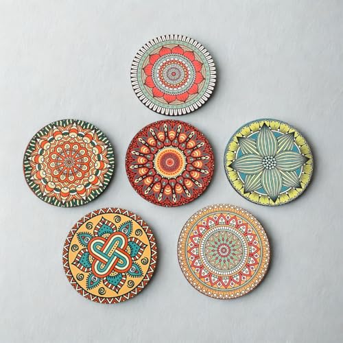 Image of Zesta Coasters for Cups Set of 6 / Wooden Coasters for Bar Accessories for Home /Tea Coaster Set of 6 / Waterproof Dining Table Decor Glass Cover (Mandala B, Circle)