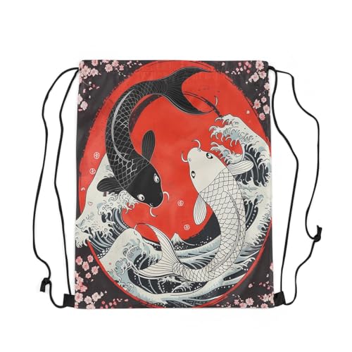 Erosebridal Japanese Ukiyoe Koi Fish 13X15.7 Drawstring Bags Pink Cherry Blossom Drawstring Backpack Sea Wave Red Sun Draw String Back Bag Traditional Japanese Patterns Cinch Bag3
