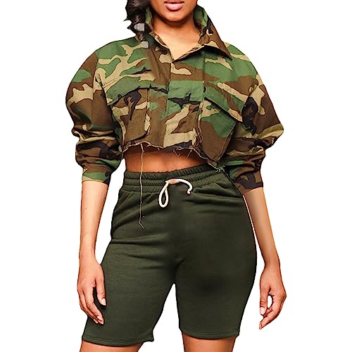 Vestes courtes camouflage femme avec poches cargo pratiques et col revers chaud vert