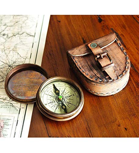 Brújula de latón antiguo con estuche de cuero miniatura 1