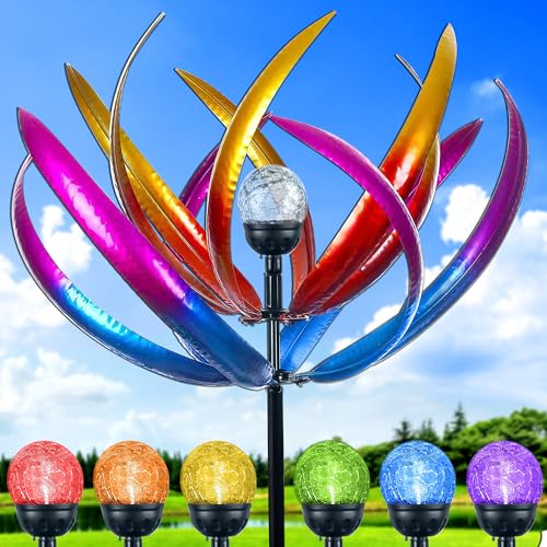Wind Spinners Outdoor for Yard and Garden - Wind Sculptures & Spinners - 70 Inch Wind Spinner with Solar Powered Multi-Color Glass Ball Light for Yard Garden Backyard Lawn Decorations