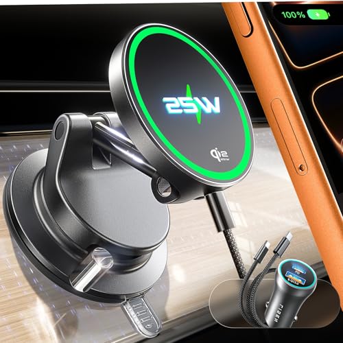 LISEN Qi2.2 25W Magsafe Car Mount Charger [2026 Upgrade Qi2.2 Technology, Includes Car Charger], Vacuum Magnetic Phone Charger, Wireless Car Charger 25W for iPhone 17/16 (iOS 26), 15W for iPhone 15-12