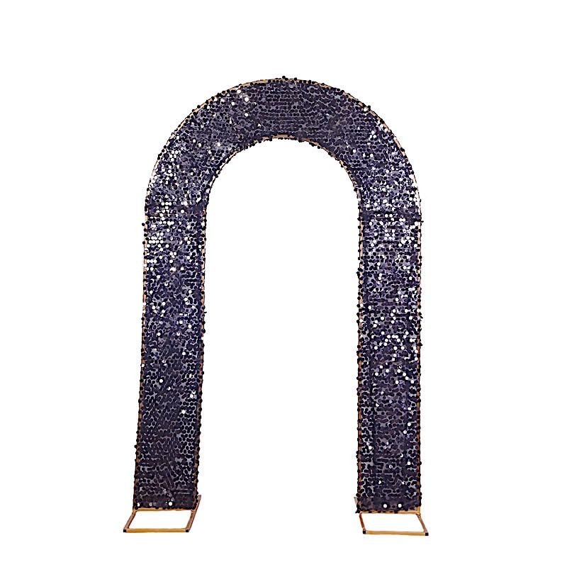 8 feet Black Payette Sequin Fitted Double-Sided U-Shaped Wedding Arch, Round Top Chiara Stand Cover, Spandex Shimmer Tinsel Open Arch Backdrop Stand Cover Wedding Party Events Reception Decorations