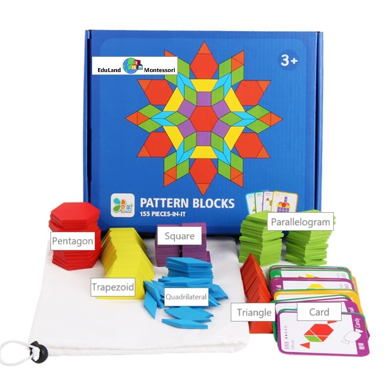 EduLand Montessori Math/Sensorial - Shapes Construction Set 155 Pcs Wooden Pattern Blocks Geometric Shape Puzzle Classic Educational Montessori Tangram Shapes Toys for Kids Ages 3-8 with 24 Pcs Cards