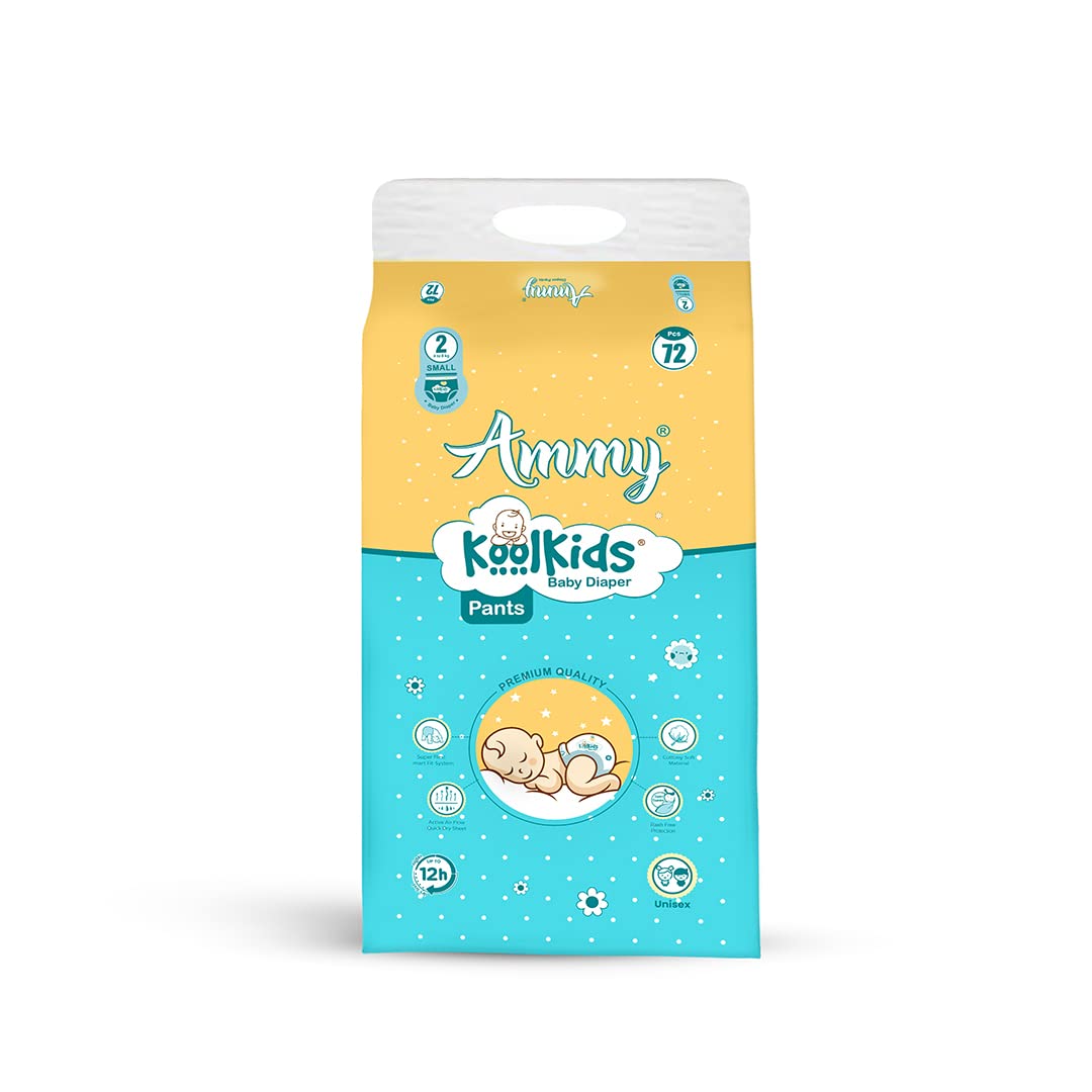 AMMYKoolkids Extra Absorb Baby Diaper Pants, Rash Free Diaper Pants for Babies (4-8kg)- Small, 72 Pieces