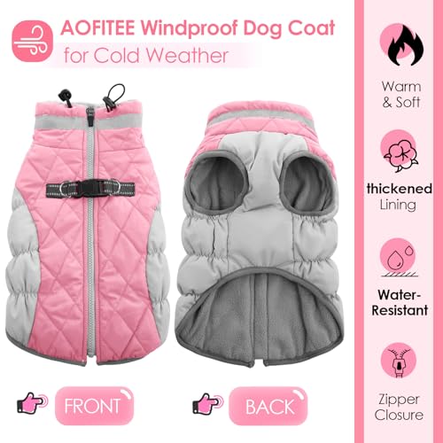 AOFITEE Wintermantel für große Hunde, Wasserdicht Hundemantel Hundejacke Mittelgroße Hund mit Geschirr, Winddichter Winter Hunde Jacket mit Reißverschluss, Warme Outdoor Hundebekleidung, L Rosa