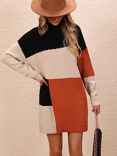 Image of yoeasy Women's Color Block Knit Tunic Sweater Dress Crew Neck Long Sleeve Mini Tunic Pullover Sweater