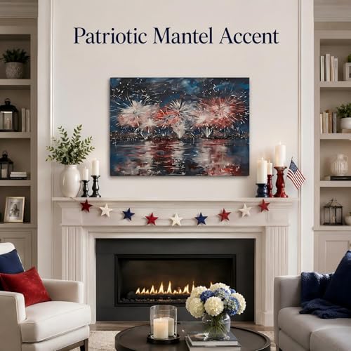 Image of Patriotic 4th of July Fireworks Framed Canvas Wall Art, Red White Blue City Night Skyline Painting, Independence Day Holiday Decor for Living Room, Bedroom, Kitchen and Home Decoration