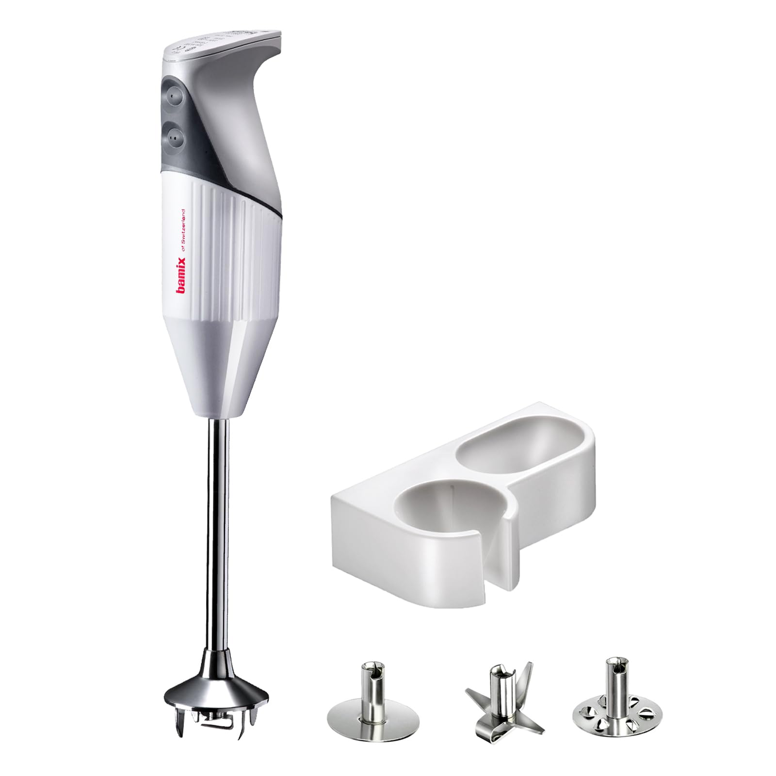 bamix Set frullatore a immersione G200 GASTRO PRO-2 incl. lama multiuso, frusta e disco fisso, supporto, 200 watt, 2 velocità, acciaio inox, Made in Switzerland, bianco/grigio chiaro
