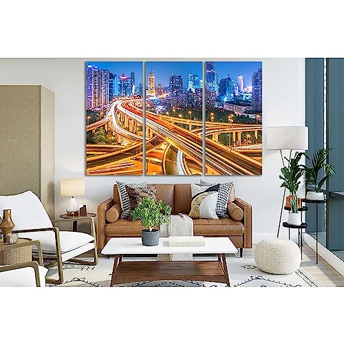Toile Shanghai la nuit ZELLART habiller grand mur vide tableau triptyque 150x100