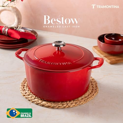 Image of TRAMONTINA Bestow Round Dutch Oven 3.3L with Lid | Enameled Cast Iron Casserole Pot & Biryani Pot | Even Heat Retention | Low Oil Healthy Cooking | No Seasoning Required | All Cooktops Compatible | Red