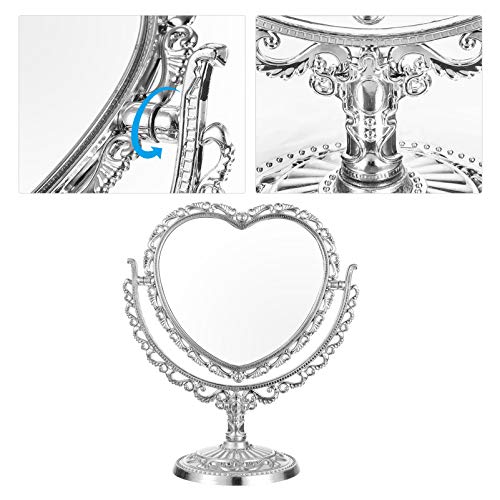 Beaupretty Heart Vanity Mirror Two Sided Swivel Tabletop Makeup Mirror European Love Double Face Princess Mirror For Desk Dresser Beauty Use Silver #TOP4