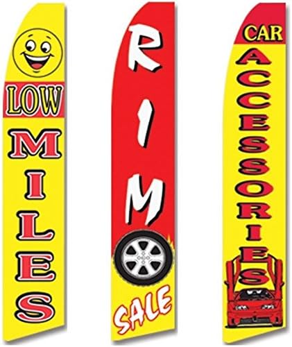 3 Swooper Flags Car Accessories Shop Low Miles & Rim SALE Red & Yellow